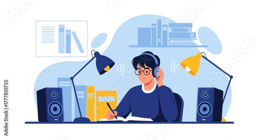Illustration of a student studying with music and creating content concept art