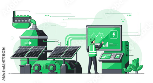 Illustration of a solar power plant and an engineer monitoring the energy production