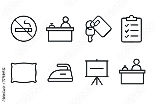 Hotel amenities outline icons set for nonsmoking, checkin, ironing, and more