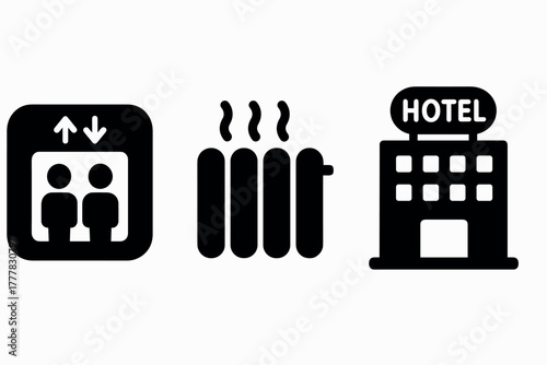 Black silhouette icons of elevator, radiator, and hotel building