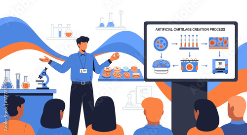 Illustration of an artificial cartilage creation process presented to an audience in laboratory