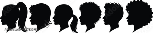 Human head silhouette bundle, diverse hairstyle profile, black vector heads, side view people, ponytail, curly hair, layered cut, outline