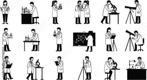 Scientists in lab coats performing experiments and research with equipment researcher laboratory