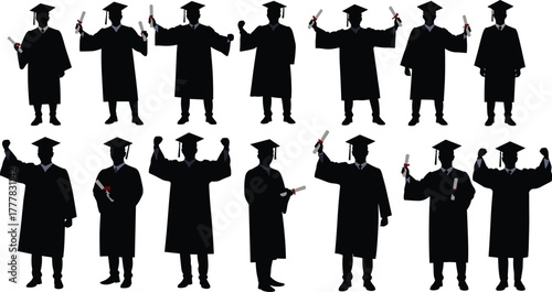Silhouettes of graduates in caps and gowns holding diplomas celebrating success graduation