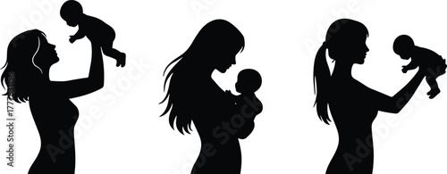 Mother and baby, silhouette, bonding moment, black vector, emotional pose, family love, parent child, white background, clipart, editable, affection, motherhood, embrace, caring, connection