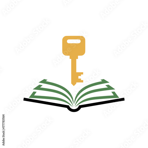 Golden key floating above an open book, a conceptual logo representing the key to knowledge, education, learning, and finding solutions