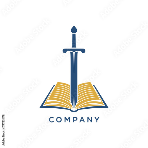 Logo design featuring a stylized sword piercing an open book, symbolizing the powerful intersection of knowledge, justice, and truth, ideal for legal, educational, or publishing companies