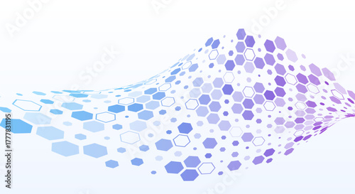 Abstract wave of blue and purple hexagons on a white background. Modern geometric technology concept for digital design, science, and innovation visuals.