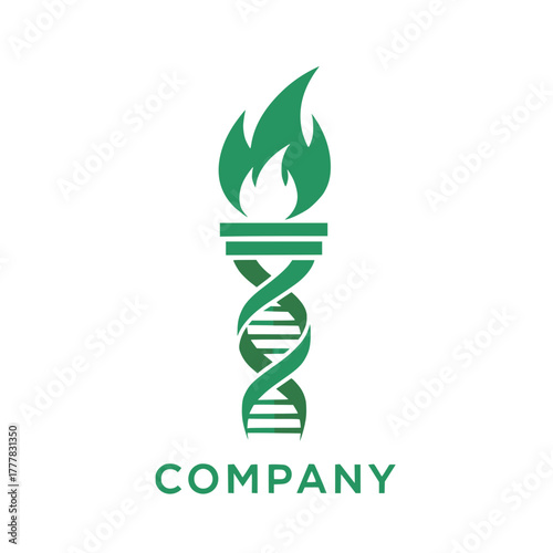 Vibrant green torch with a DNA double helix base, representing scientific advancement, genetic research, and the enlightenment of biological discovery and innovation in a modern logo design