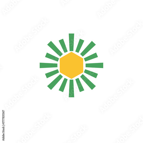 Abstract geometric sun icon in shades of yellow and green on white background with radial rays radiating out