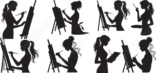 Silhouette of female artist painting on easel, sitting and standing poses, vector illustrator