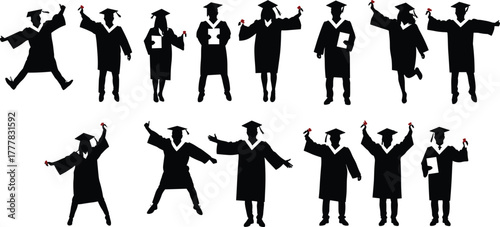 Silhouettes of graduating students in black gowns and caps holding diplomas and celebrating graduation