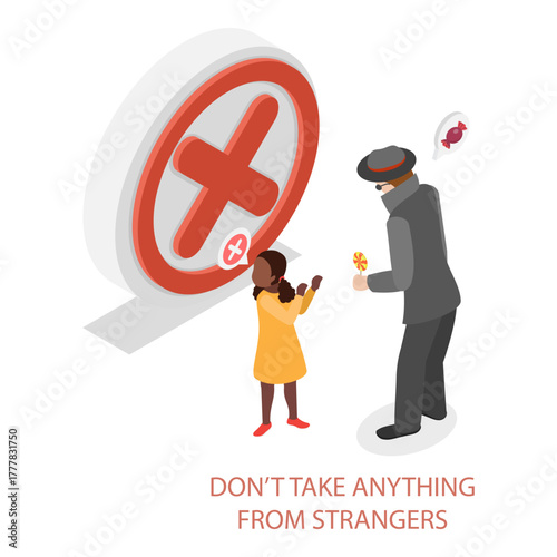 3D Isometric Flat Vector Illustration of Kidnapping Awareness For Children, How to Recognize Signs Of Potential Danger And Prevent Abduction. Item 1