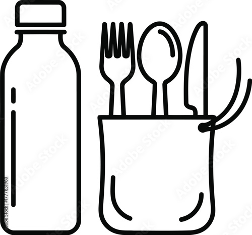 Reusable tableware isolated on transparent background a simple line drawing of a bottle and a set of cutlery in a bag