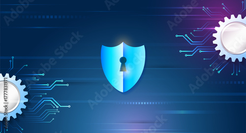 Modern cybersecurity background with a glowing shield and circuit-gear elements. Perfect for concepts of data protection, secure systems, and digital network security.