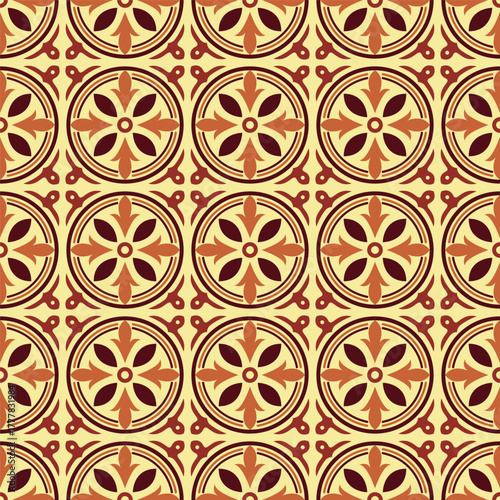 Ornate Repetitive Floral Medallion Pattern in Brown and Beige Colors Texture