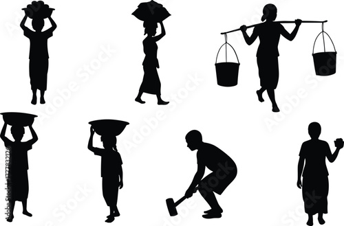 Silhouettes of people carrying baskets buckets and working with tools vector