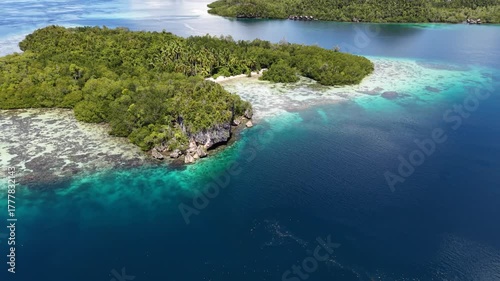 Raja Ampat. Indonesia. Aerial view of lush tropical islands and turquoise lagoons in showcasing pristine nature and coral-rich waters.	