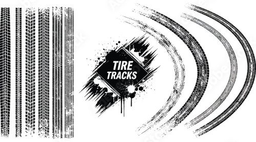 Tire tracks isolated on white background, displaying a variety of patterns and textures, including straight lines and curved paths, offering a dynamic and graphic representation of vehicular motion
