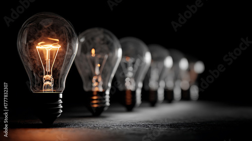 Singular Brilliance: A Focused, Glowing Lightbulb Leads a Row into Darkness