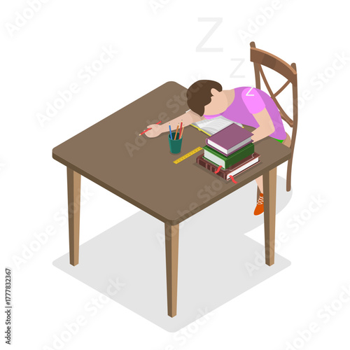 3D Isometric Flat Vector Illustration of Exhausted and Sleepy People, Fatigue and Drowsiness. Item 2