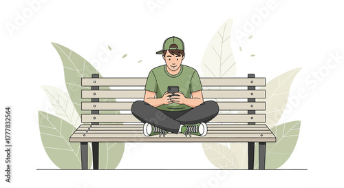 Illustration of a young man using his smartphone while sitting on a park bench