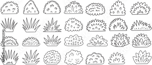 different types of bushes and grasses in a line-drawing or doodle style. isolated on white background vector illustration