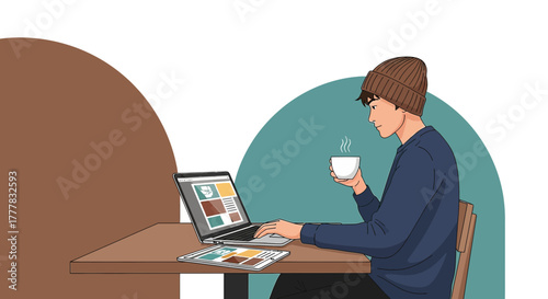 Illustration of a young man working on a laptop while drinking coffee at a desk scene