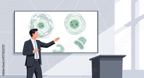 Illustration of scientist presenting biological cell structures in conference room