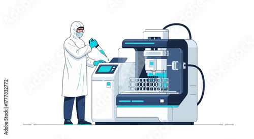 Illustration of scientist working with automated equipment in laboratory setting