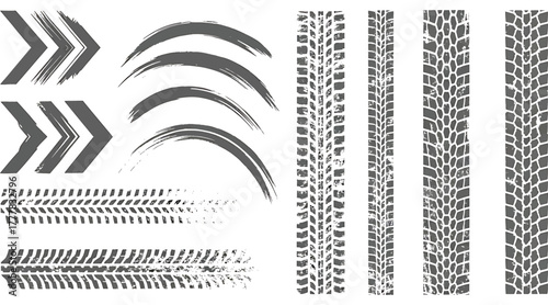 Collection of tire track designs isolated on white background a variety of grunge arrows, curved brush strokes, and detailed tread patterns for creative projects