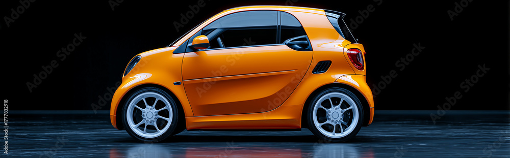 Fototapeta premium Glossy Smart Car Exterior Design on Reflective Studio Floor with Dramatic Lighting