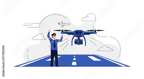 Illustration showcasing the coordination between a pilot and a drone on an airport runway concept