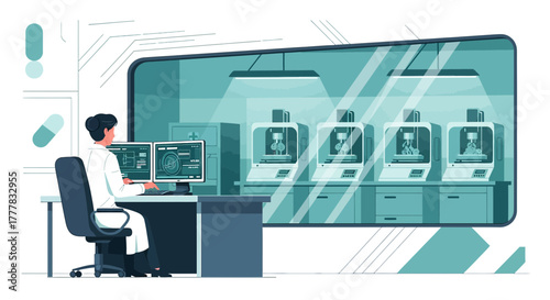 Illustration showcasing researcher using 3D printers in a laboratory setting for scientific