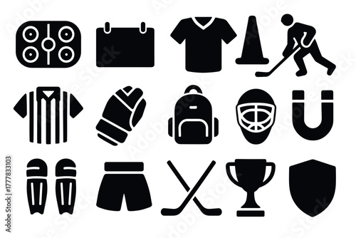 Silhouette icons of sports equipment and apparel for hockey and soccer