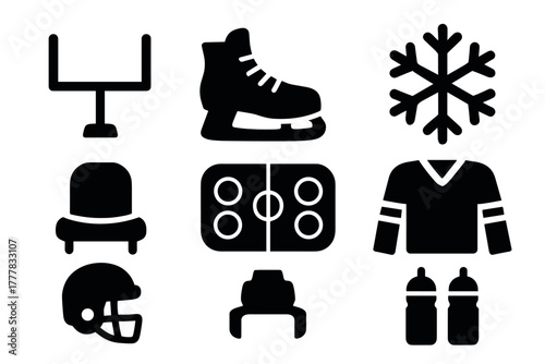 Icon set winter sports equipment and symbols for ice hockey and football