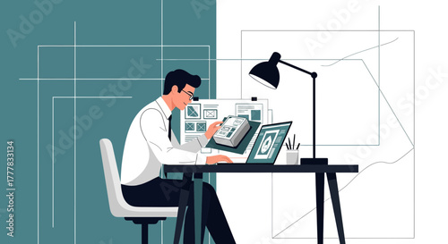 Illustrative designer conceptualizing mobile app interfaces with digital tablet application