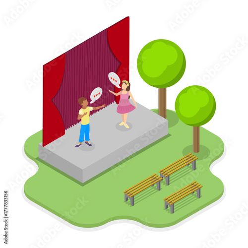 3D Isometric Flat Vector Illustration of Summer Vacation Camps, Hobbies and Performance. Item 2
