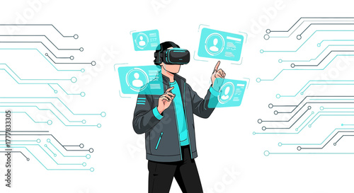 Immersive Virtual Reality Experience: Man Interacting with Digital Interfaces through VR Headset