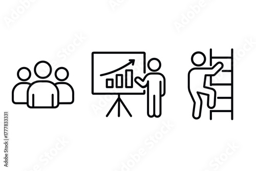 Business growth and development icons featuring teamwork, presentation, and career progression