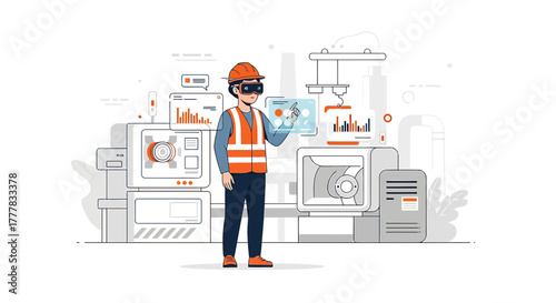 Industry 4.0 concept with engineer using augmented reality on factory floor and manufacturing