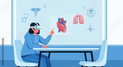 Innovative healthcare solution with virtual reality technology showing organ analysis in modern