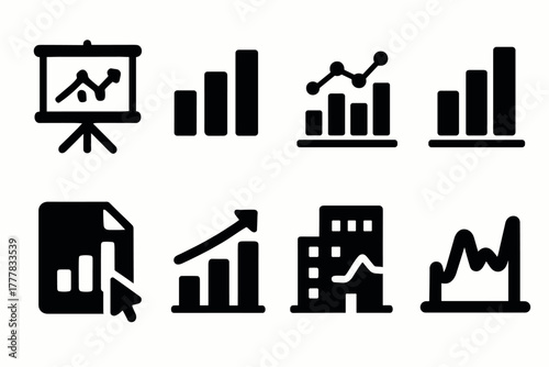 Set of black silhouette business growth and analytics icons