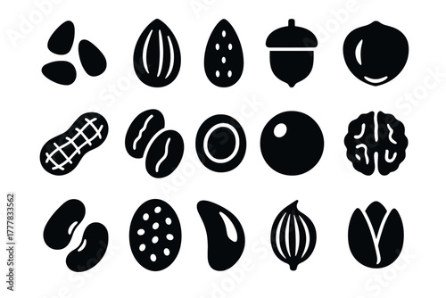 Collection of nut and seed silhouettes featuring diverse shapes and patterns