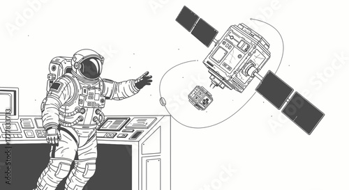 Line art depiction of an astronaut inside a space station controlling satellites with advanced