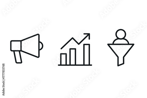 Marketing icons set with megaphone, growth chart, customer funnel in linear style