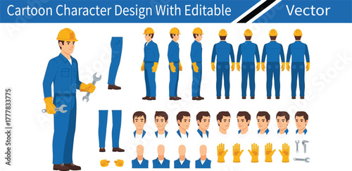 Cartoon construction worker character design with multiple poses and facial expressions for editable vector graphics