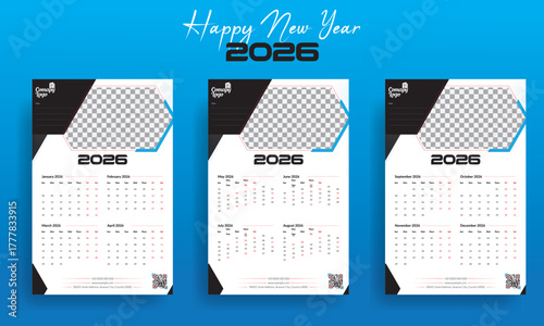 Commercial uses Calendar 2026, with the week starting Sunday, and a vector design template. Company Logo Space, QR Code, and Minimal Layout—Editable Corporate Wall Calendar for Business Branding.