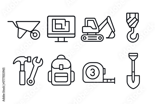 Construction icon set featuring tools, equipment, and technology in a linear style