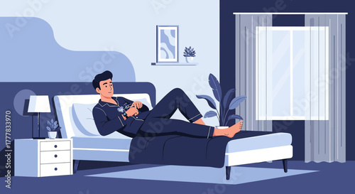 Man relaxing in bedroom with modern minimalist design checking his watch casually